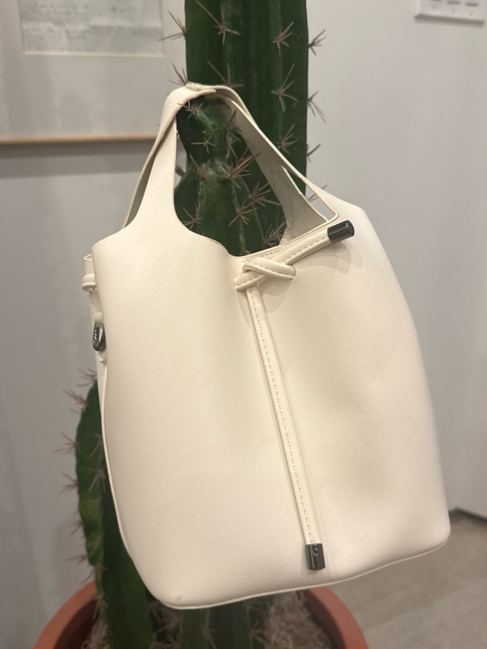 Cream Soft Leather Drawstring Mini Bucket Bag